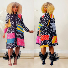 Color Blocking Print Long Sleeve Shirt Dress BY-6501