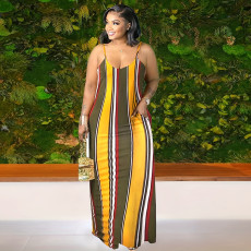 Stripe Color Block Sling Maxi Dress SH-390534