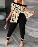 Plus Size Fashion Print Slit Tops And Pants Two Piece Set SHD-9619