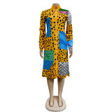 Color Blocking Print Long Sleeve Shirt Dress BY-6501