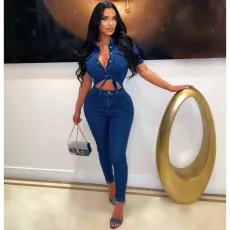 Casual Denim Tie Up Slim Jumpsuit LX-3548