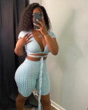 Solid Color Bandage Tight Two Piece Shorts Set QXTF-8203