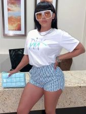 Letter Print Solid T Shirts And Shorts Two Piece Set GDNY-1065