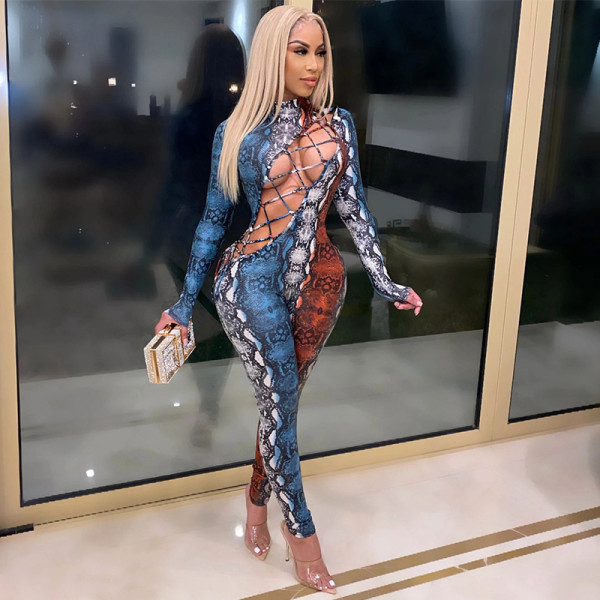 Snake Print Hollow Out Bandage Jumpsuit YF-9787