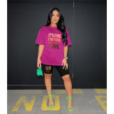 Letter Print O Neck Two Piece Shorts Set HGL-9009045