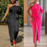 Plus Size Solid Color Single Shoulder Slit Maxi Dress NY-2771