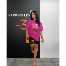Letter Print O Neck Two Piece Shorts Set HGL-9009045