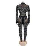 Long Sleeve Mesh Hot Drill Two Piece Pants Set BY-6549