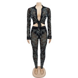 Long Sleeve Mesh Hot Drill Two Piece Pants Set BY-6549