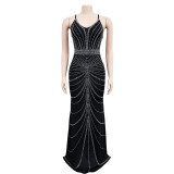 Sexy Hot Drilling Backless Sling Maxi Dress BY-6388