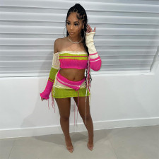 Fashion Knit Contrast Color Top Short Skirt Two Piece Set XEF- W23S29009