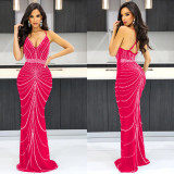 Sexy Hot Drilling Backless Sling Maxi Dress BY-6388