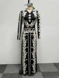 Print Lapel Neck Long Sleeve Slit Maxi Dress NY-2788