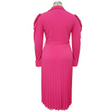 Plus Size Long Sleeve Tie Up Pleated Maxi Dress NNWF-7908