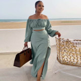 Sexy Wrap Chest Lantern Sleeve Two Piece Skirts Set NY-10518