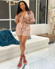 Casual Plaid Print Cardigan And Shorts 2 Piece Set HMS-5576