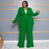 Plus Size Casual Solid Long Sleeve Tie Up Two Piece Pants Set NNWF-7904