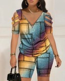 Plus Size Fashion Print Zipper Two Piece Shorts Set LS-0399