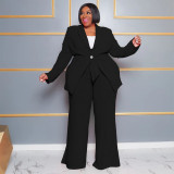 Plus Size Casual Solid Long Sleeve Tie Up Two Piece Pants Set NNWF-7904