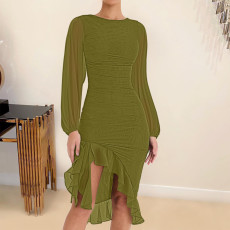 Mesh See Through Long Sleeve Irregular Ruffles Dress ME-8413