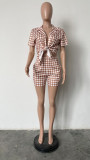 Casual Plaid Print Cardigan And Shorts 2 Piece Set HMS-5576