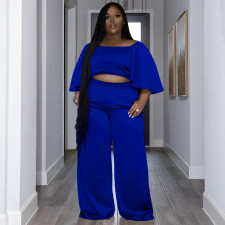 Plus Size Short Sleeve Wide Leg Pants 2 Piece Set NNWF-7896