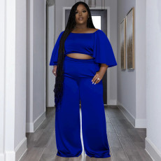 Plus Size Short Sleeve Wide Leg Pants 2 Piece Set NNWF-7896