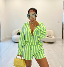 Long Sleeve Stripe Shirts Two Piece Shorts Set YD-8762