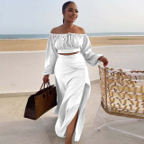 Sexy Wrap Chest Lantern Sleeve Two Piece Skirts Set NY-10518