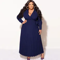 Plus Size Long Sleeve Tie Up Pleated Maxi Dress NNWF-7908