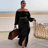 Sexy Wrap Chest Lantern Sleeve Two Piece Skirts Set NY-10518