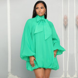 Bow Bubble Sleeve Loose Chiffon Dress MIL-L497