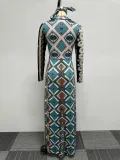 Print Lapel Neck Long Sleeve Slit Maxi Dress NY-2788