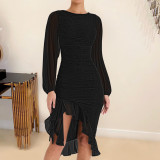 Mesh See Through Long Sleeve Irregular Ruffles Dress ME-8413