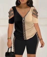 Plus Size Fashion Print Zipper Two Piece Shorts Set LS-0399