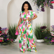 Plus Size Short Sleeve Print Tie Up Loose Two Piece Pants Set NY-2761