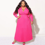 Plus Size Long Sleeve Tie Up Pleated Maxi Dress NNWF-7908