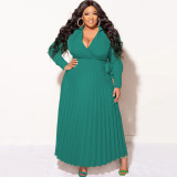 Plus Size Long Sleeve Tie Up Pleated Maxi Dress NNWF-7908