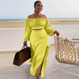 Sexy Wrap Chest Lantern Sleeve Two Piece Skirts Set NY-10518