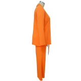 Plus Size Casual Solid Long Sleeve Tie Up Two Piece Pants Set NNWF-7904