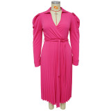Plus Size Long Sleeve Tie Up Pleated Maxi Dress NNWF-7908