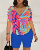 Plus Size Fashion Print Zipper Two Piece Shorts Set LS-0399