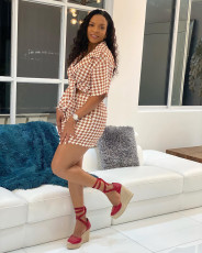 Casual Plaid Print Cardigan And Shorts 2 Piece Set HMS-5576