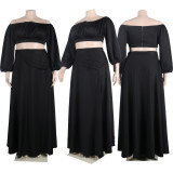 Sexy Wrap Chest Lantern Sleeve Two Piece Skirts Set NY-10518