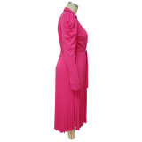 Plus Size Long Sleeve Tie Up Pleated Maxi Dress NNWF-7908