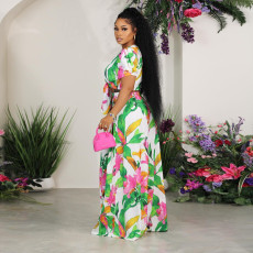Plus Size Short Sleeve Print Tie Up Loose Two Piece Pants Set NY-2761