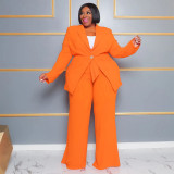 Plus Size Casual Solid Long Sleeve Tie Up Two Piece Pants Set NNWF-7904
