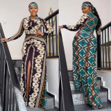 Print Lapel Neck Long Sleeve Slit Maxi Dress NY-2788