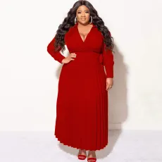 Plus Size Long Sleeve Tie Up Pleated Maxi Dress NNWF-7908
