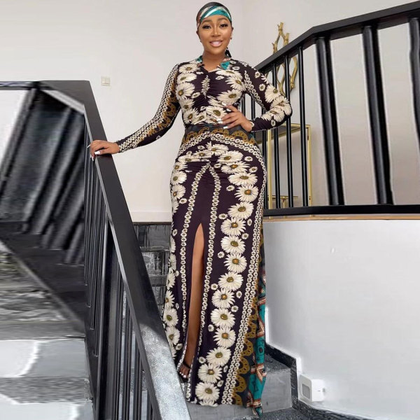 Print Lapel Neck Long Sleeve Slit Maxi Dress NY-2788